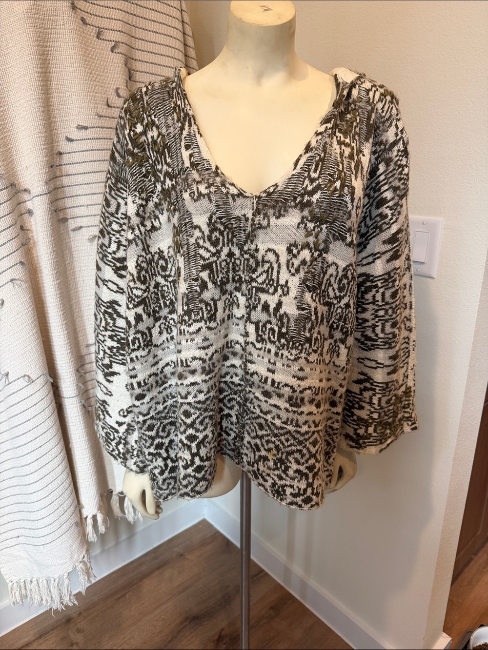 Free People Cream and Olive Patterned V-Neck Pullover with hood